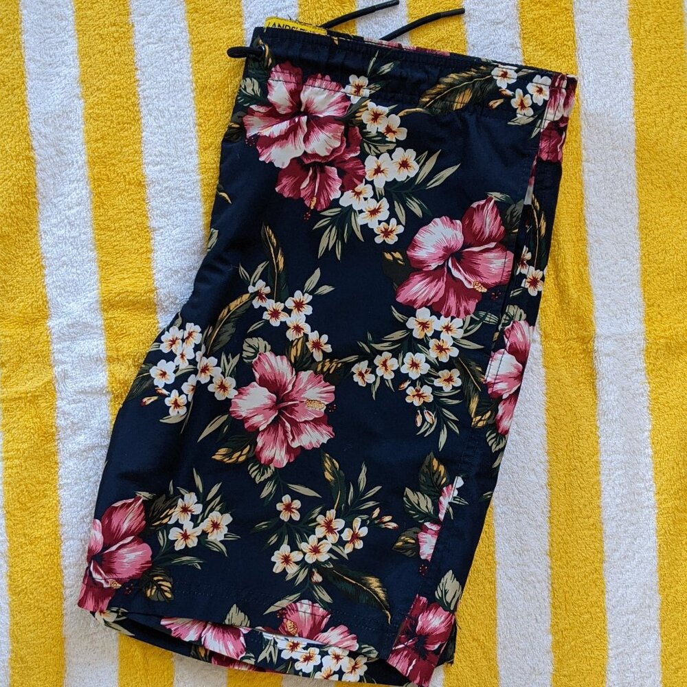 Lands End x Hoffman navy pink white floral aloha Hawaiian 8in swim trunks 36